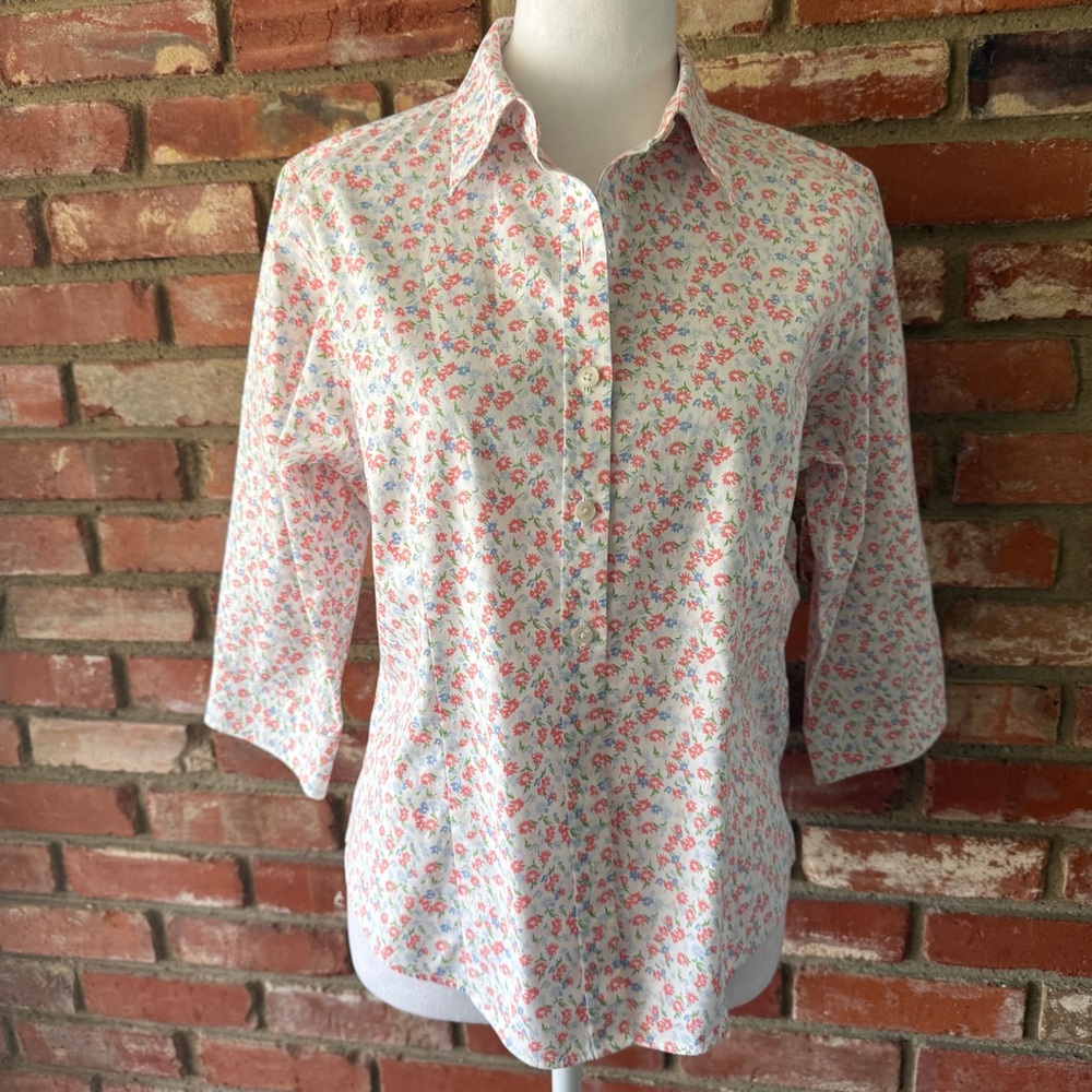 L.L. Bean White Button-Up Shirt with Pink & Light Blue Floral Print